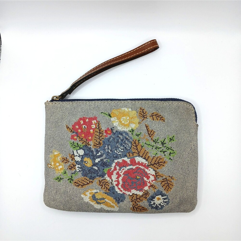 Patricia Nash Cassini Gray Wristlet Cross Stitch Floral Genuine Leather Colorful